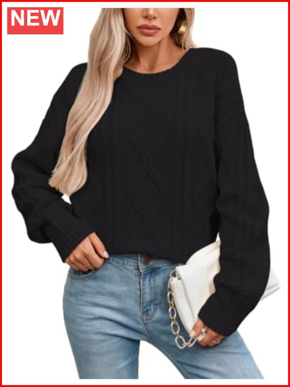 Oversized Chunky Cable Knit Crewneck Long Sleeve Pullover Sweater